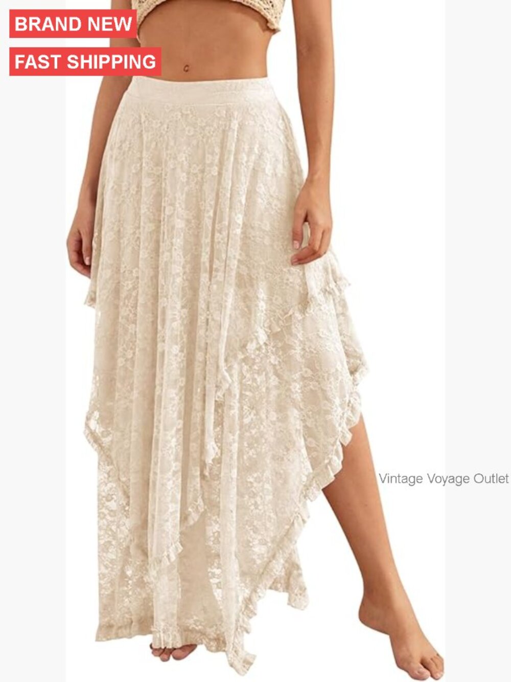 Lace Maxi Skirt Elastic Waist Asymmetrical Hem Sheer Flowy Beach Cover Up